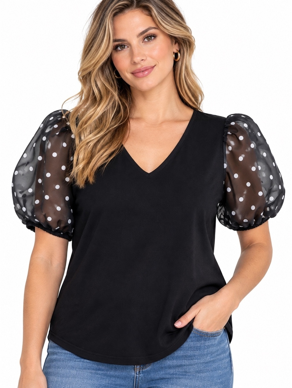 Adrianna Papell Black V-Neck Top with Polka Dot Sheer Puff Sleeves Size L